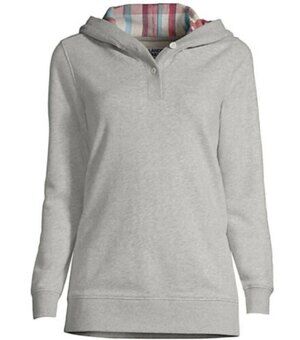 Lands End Serious Sweats Heather Gray Hoodie Size M 10-12 Plaid Hood